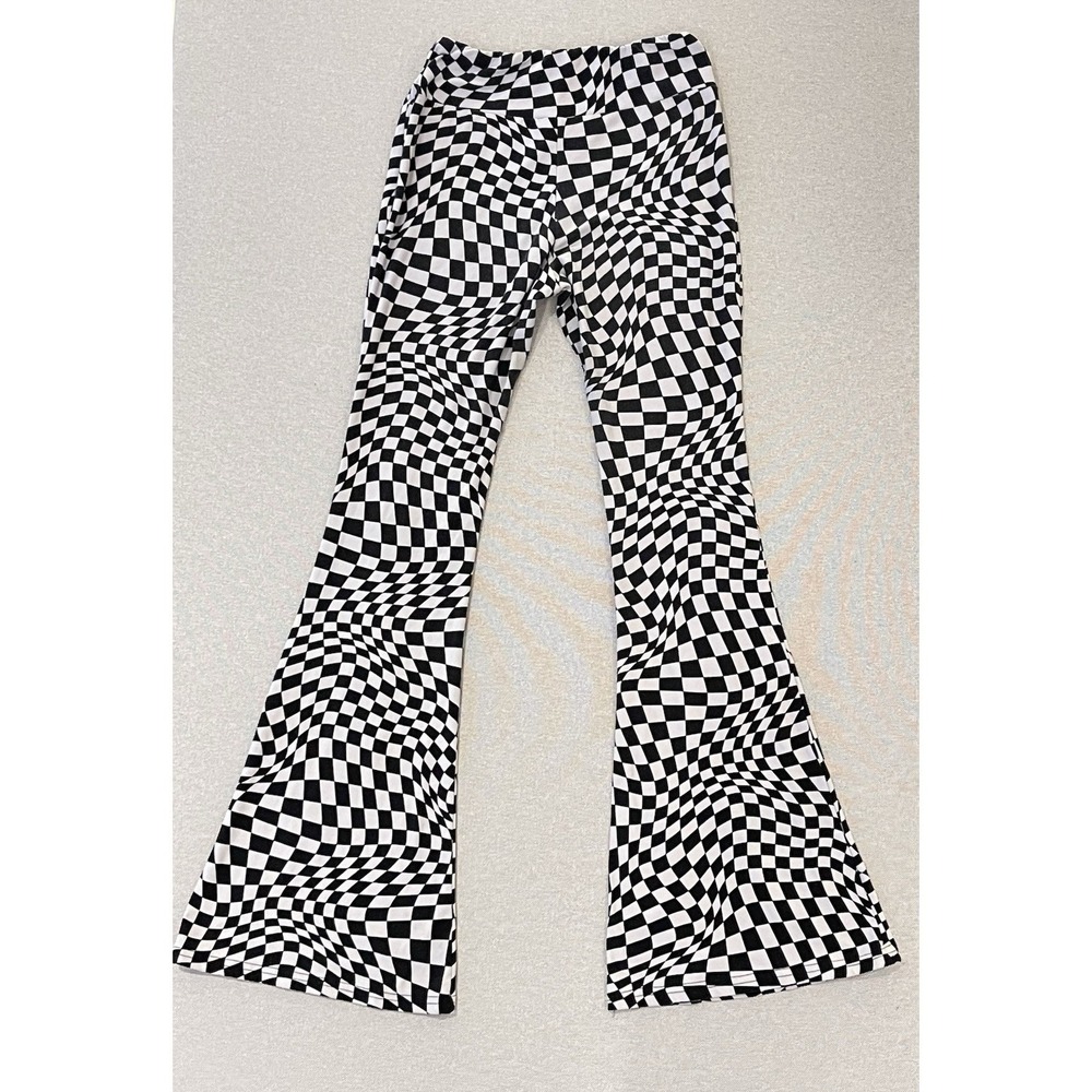 Black‎ White Checkered Flare Pants Y2K Stretch Groovy No Boundaries Medium - Picture 3 of 7